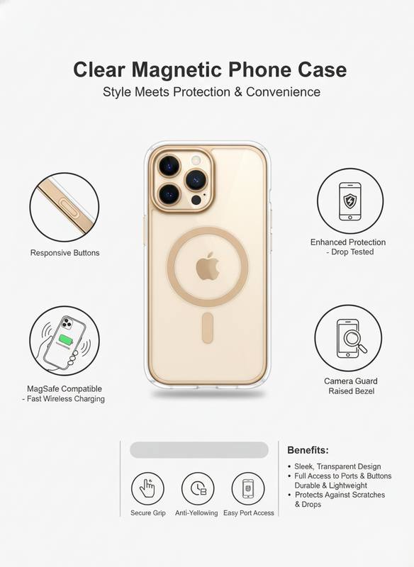Clear Magnetic Phone Case with MagSafe Compatibility, Transparent Anti-Yellowing Protection, Drop-Tested Slim Cover with Camera Guard and Responsive Buttons — photo 3
