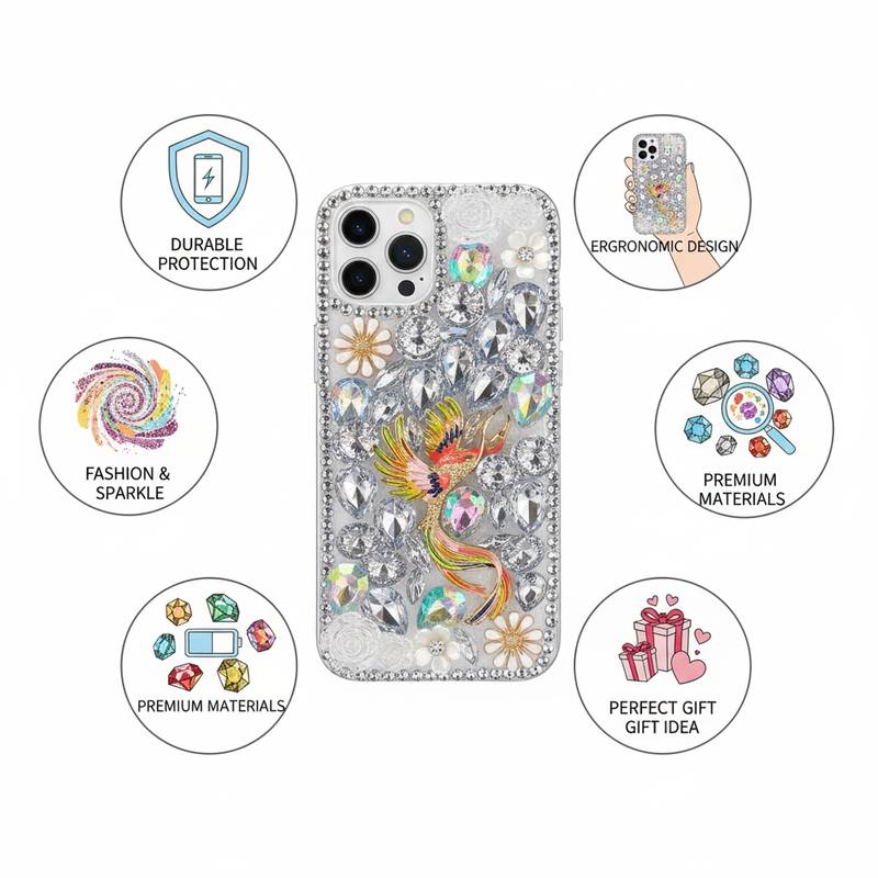 Luxury Handcrafted Crystal Embellished iPhone 13 Pro Case with Colorful Bird and Floral Rhinestone Design Protective Smartphone Cover — photo 3