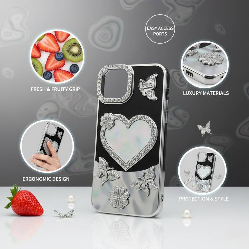 Elegant Crystal Framed Heart and Butterfly Design iPhone Case Luxury Rhinestone Embellished Slim Protective Smartphone Cover — photo 2