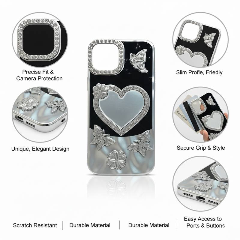 Elegant Crystal Framed Heart and Butterfly Design iPhone Case Luxury Rhinestone Embellished Slim Protective Smartphone Cover — photo 3