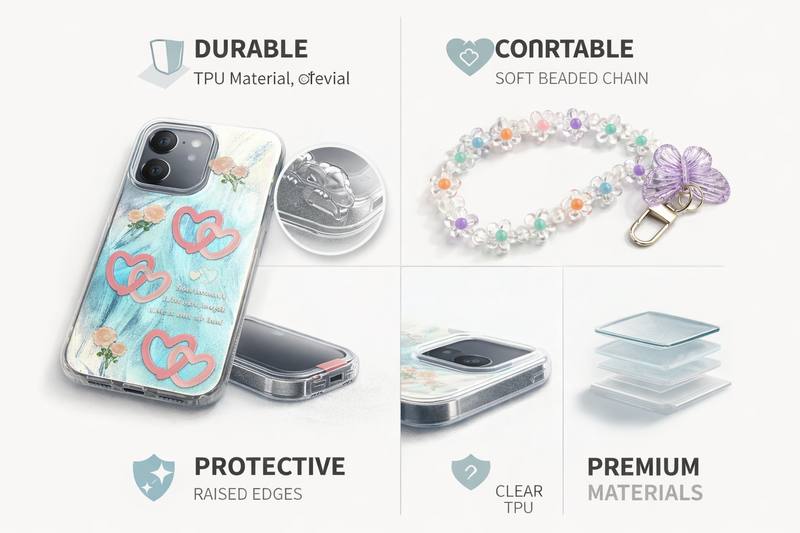 Phone Case for iPhone 15 Pro with Beaded Charm, Slim Transparent Protective Back Cover with Raised Camera Edges and Glossy Finish