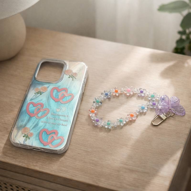 Phone Case for iPhone 15 Pro with Beaded Charm, Slim Transparent Protective Back Cover with Raised Camera Edges and Glossy Finish — photo 2