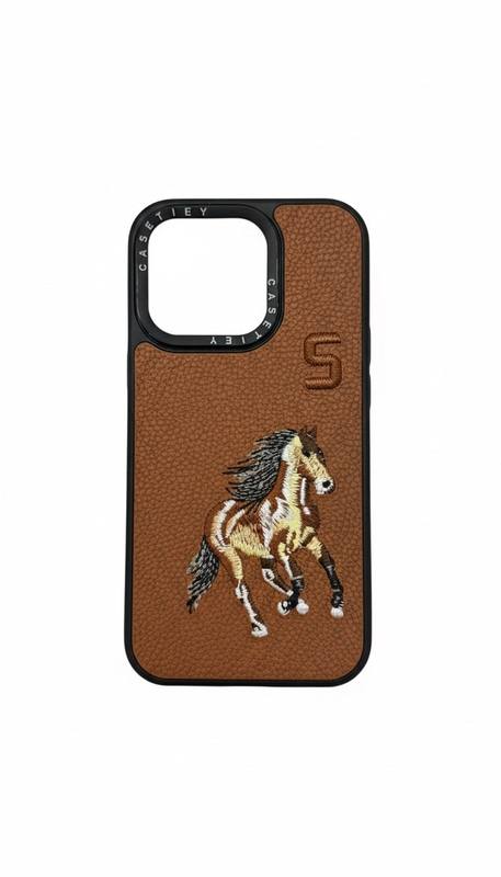 Protective Faux Leather Phone Case For iPhone 15 Pro With Embroidered Horse Design Shock Absorbing Inner Layer Textured Back Precision Camera Cutout
