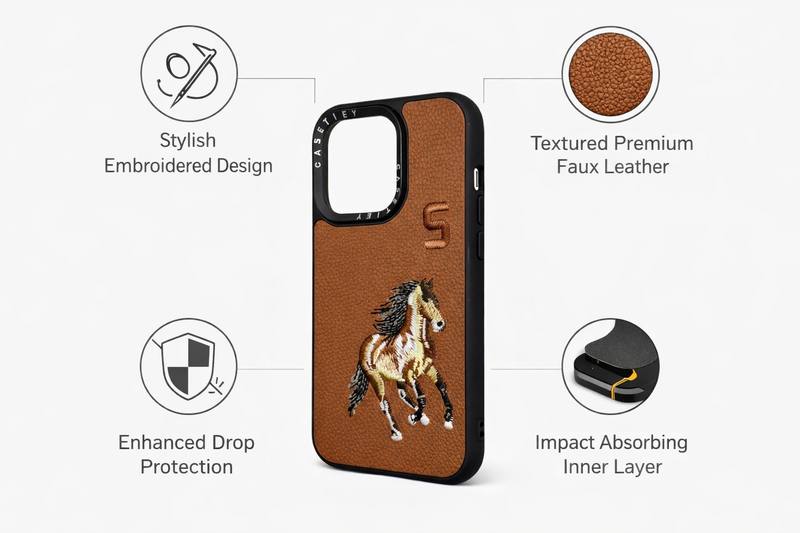 Protective Faux Leather Phone Case For iPhone 15 Pro With Embroidered Horse Design Shock Absorbing Inner Layer Textured Back Precision Camera Cutout — photo 2