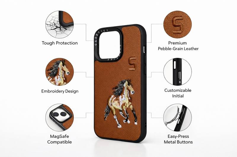 Protective Faux Leather Phone Case For iPhone 15 Pro With Embroidered Horse Design Shock Absorbing Inner Layer Textured Back Precision Camera Cutout — photo 3