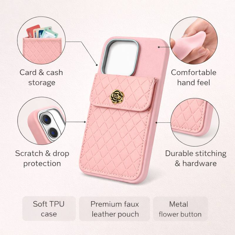 Pink iPhone 15 Pro Back Cover with Quilted Card Pouch, Faux Leather Pocket, Metal Button, Soft Grip Case for Daily Use