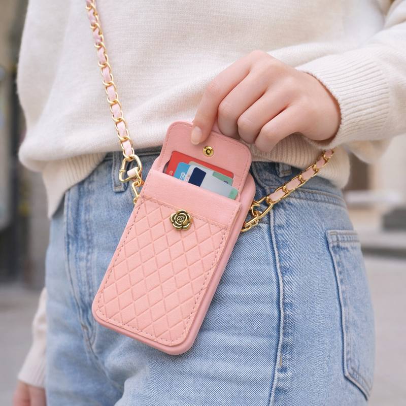 Pink iPhone 15 Pro Back Cover with Quilted Card Pouch, Faux Leather Pocket, Metal Button, Soft Grip Case for Daily Use — photo 2