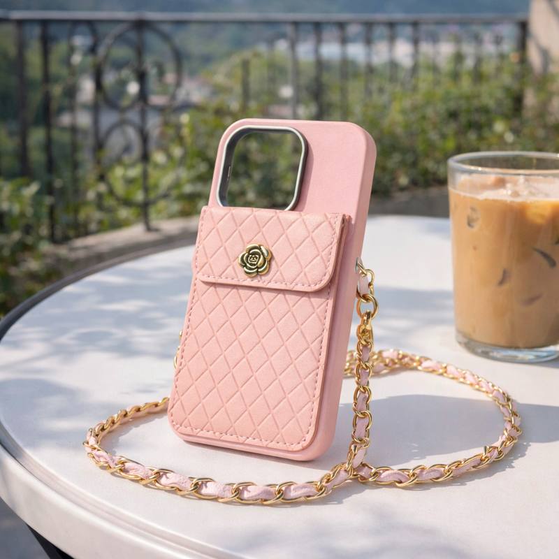 Pink iPhone 15 Pro Back Cover with Quilted Card Pouch, Faux Leather Pocket, Metal Button, Soft Grip Case for Daily Use — photo 3