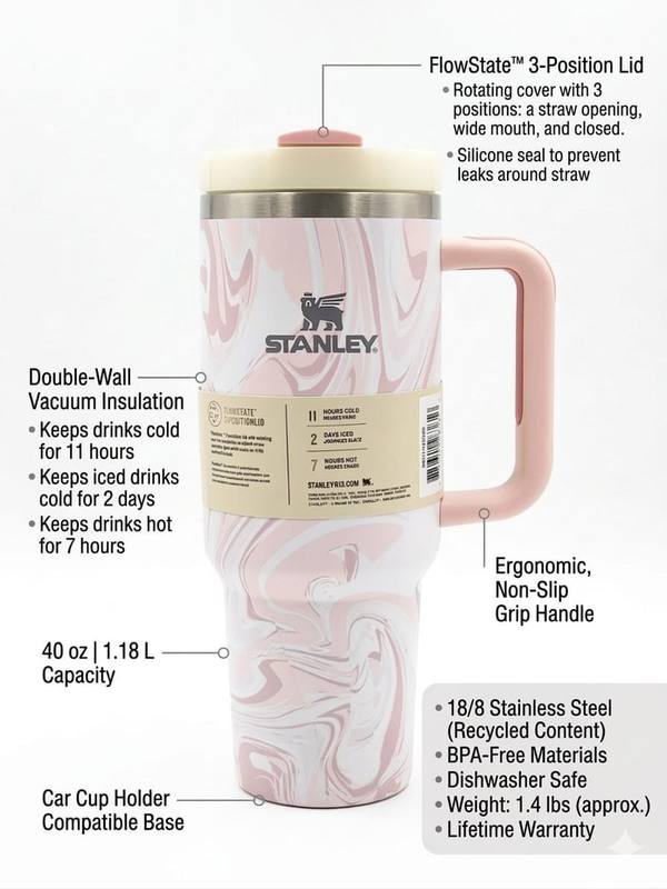 Stainless Steel Quencher Tumbler with Handle – Marble Design Travel Mug (Pink) — photo 3