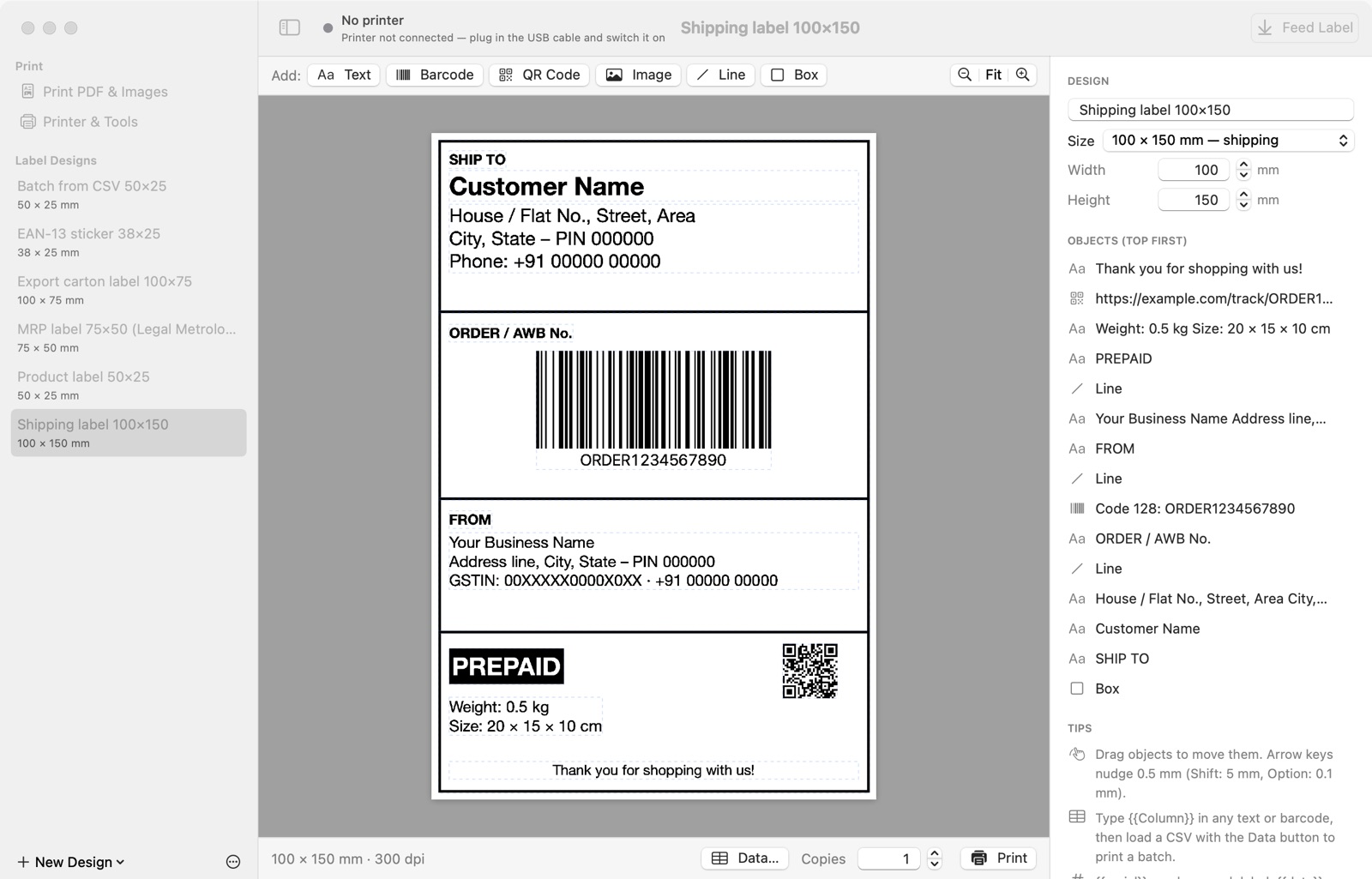 Label designer showing a 100 × 150 mm shipping label with barcode and QR code
