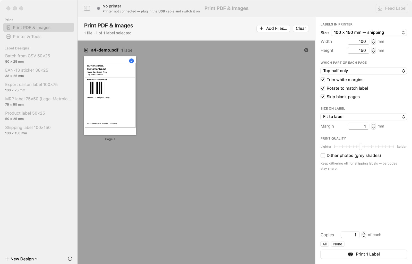 An A4 marketplace PDF cropped to a 100 × 150 mm shipping label