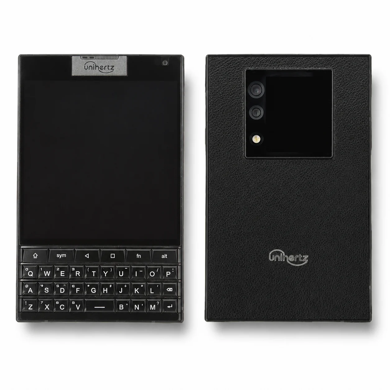 Black Unihertz Titan 2 with physical QWERTY keyboard, front and back styled view