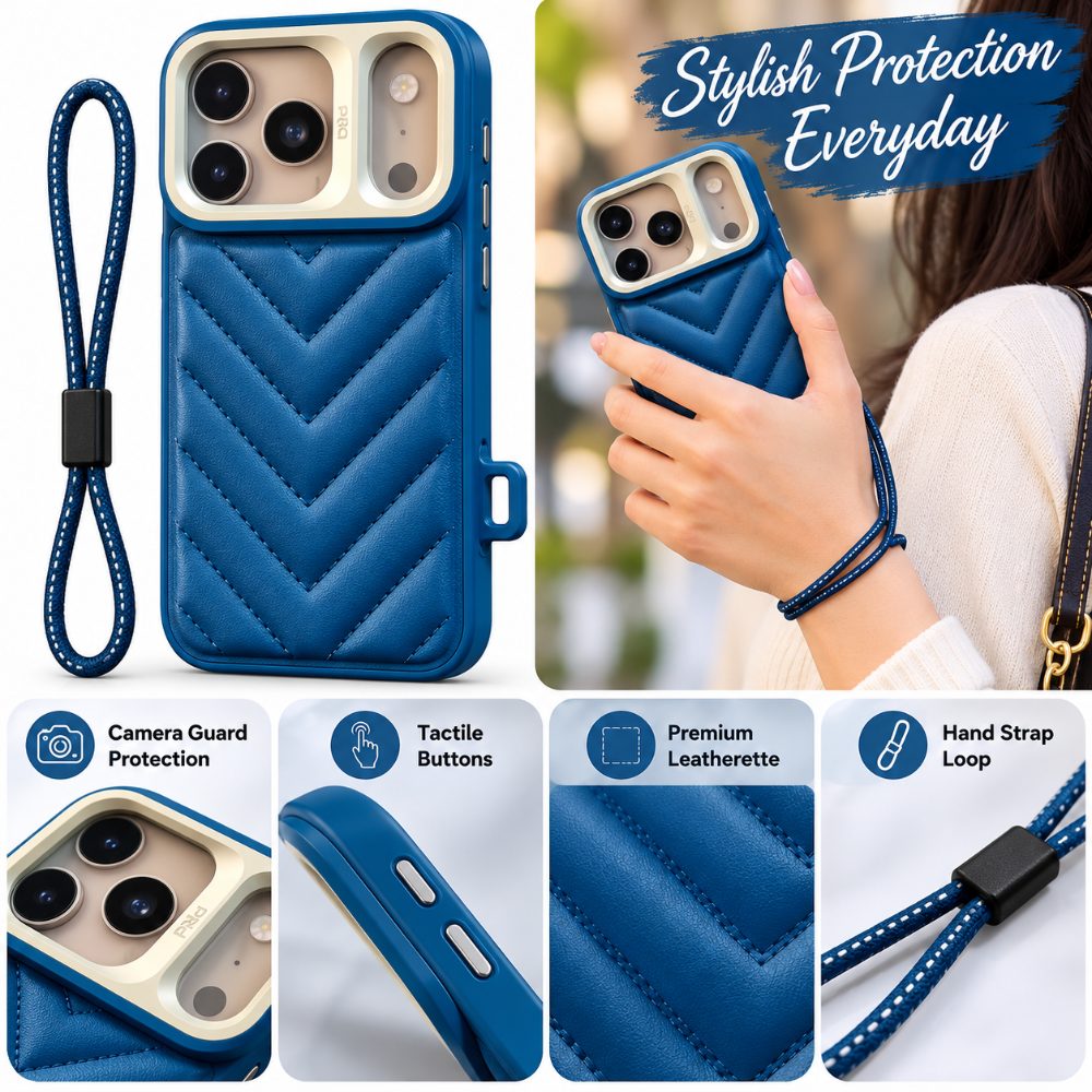 I Phone 17 pro Case with Premium Blue Leatherette Protective Camera Guard & Strap Loop – Compatible with iPhone — photo 3