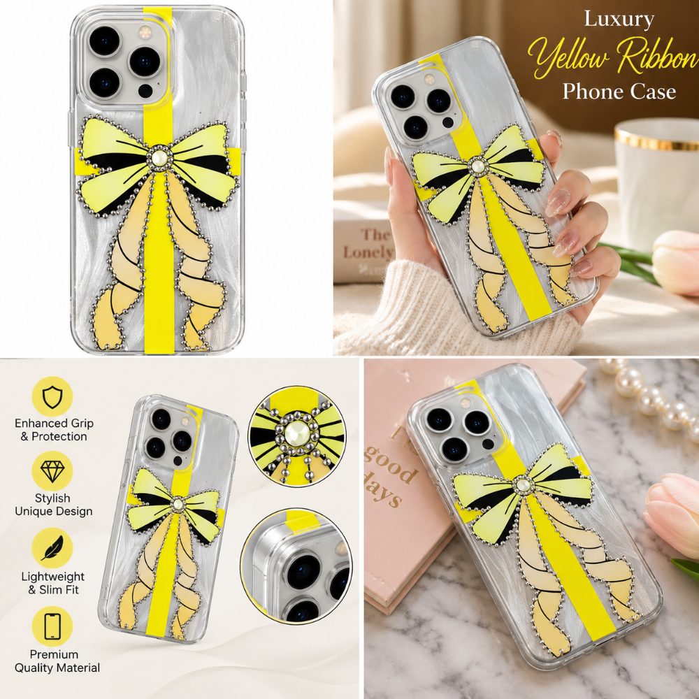 Luxury Yellow Ribbon Crystal Clear Case for iPhone 16 Pro — photo 3