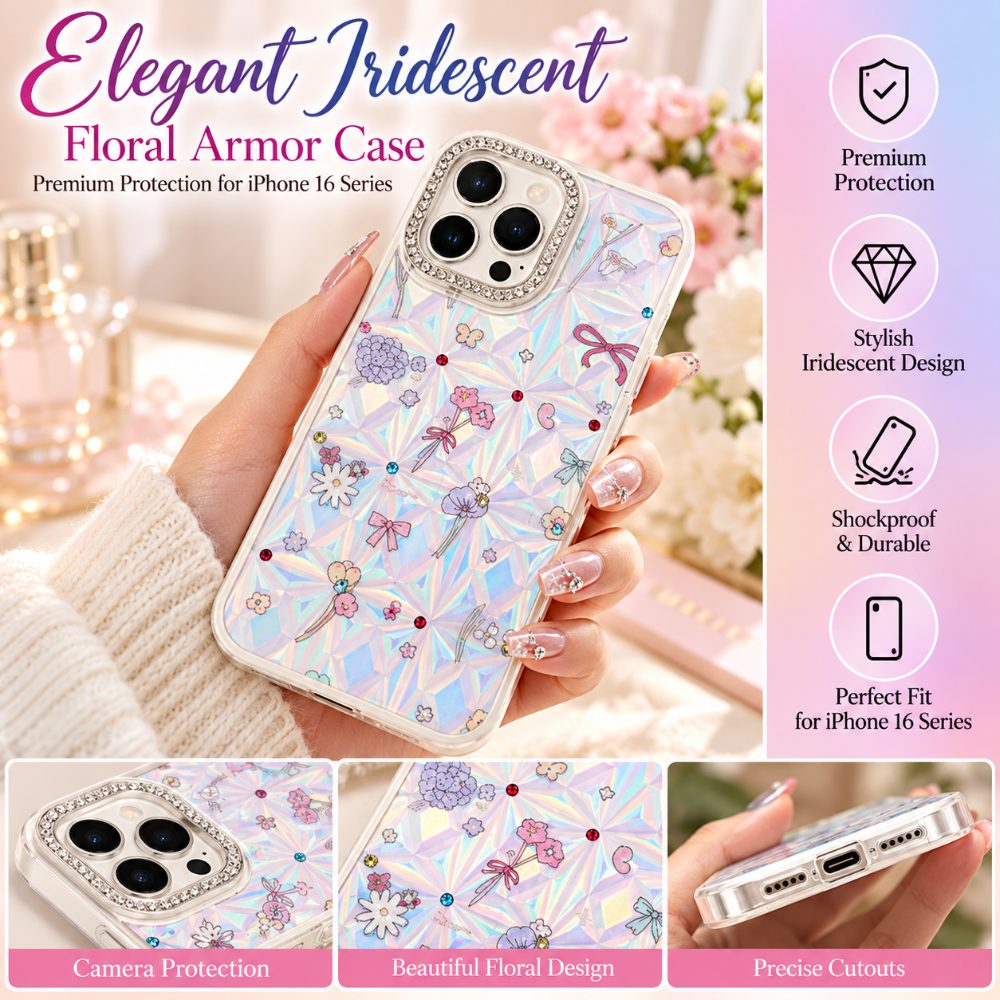 Elegant Iridescent Floral Armor Case – Premium Protection for iPhone 16 Series — photo 3