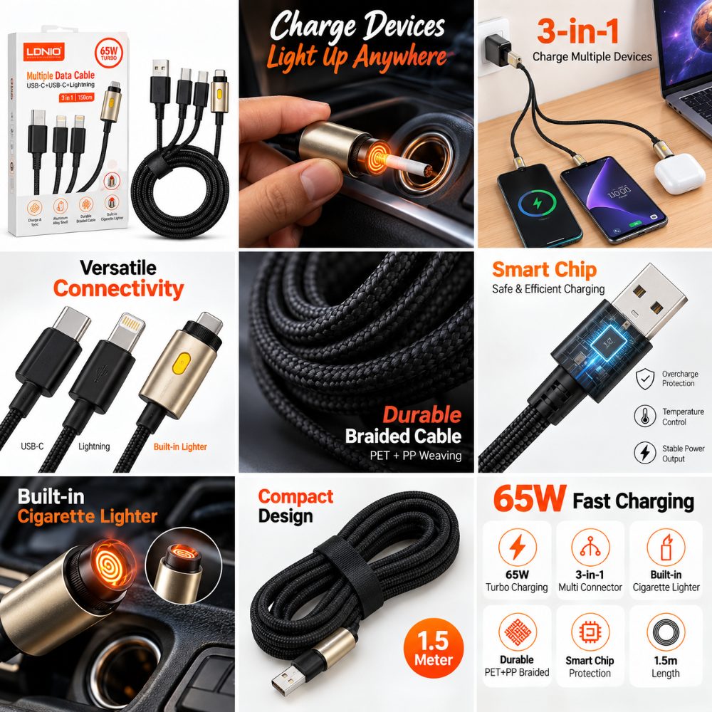 LDNIO Fast Charging Braided Cable 3-in-1 | 65W Power | Built-in Lighter | Durable PET+PP — photo 3