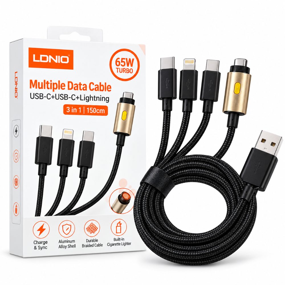 LDNIO Fast Charging Braided Cable 3-in-1 | 65W Power | Built-in Lighter | Durable PET+PP