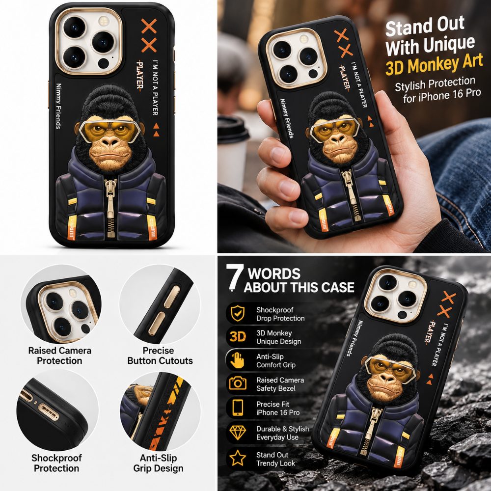 iPhone 16 Pro Shockproof Case with 3D Monkey Art | Anti-Slip & Camera Protection — photo 3