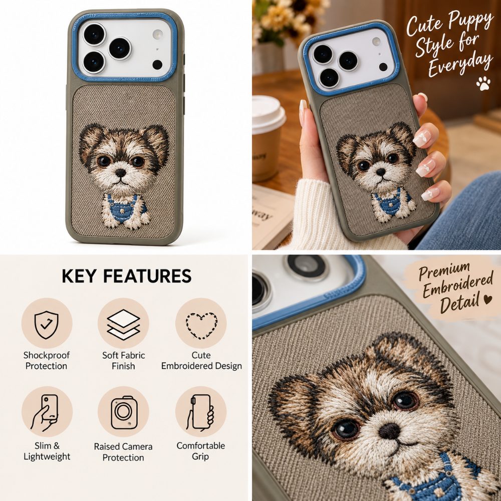 Cute Embroidered Puppy Dog iPhone 17 Pro Case - Soft Fabric, Slim Fit & Protective — photo 3