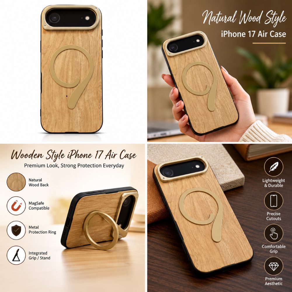 iPhone 17 Air Case with Natural Wood Back, MagSafe Grip/Stand, and Metal Protection Ring — photo 3