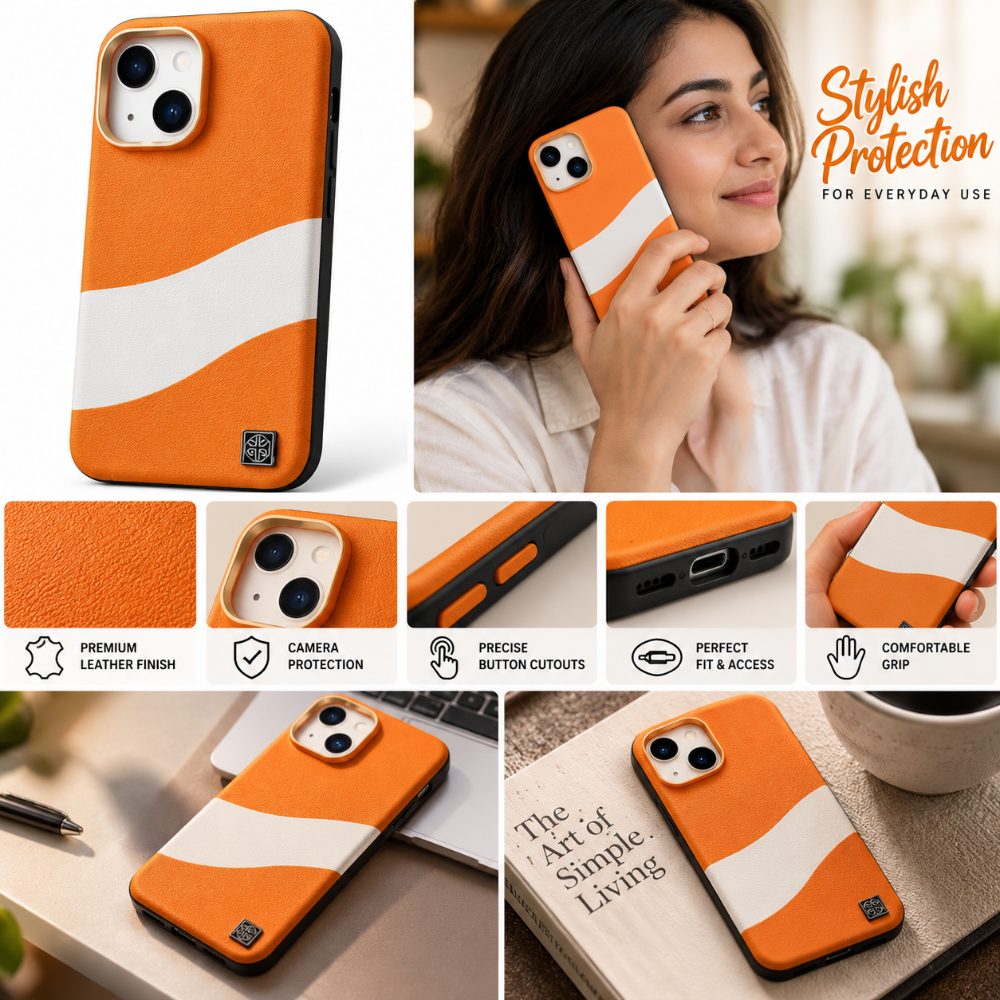 I Phone 13 Case Premium Vegan Leather Wave – Shock Resistant & Slim Design (Orange) — photo 3