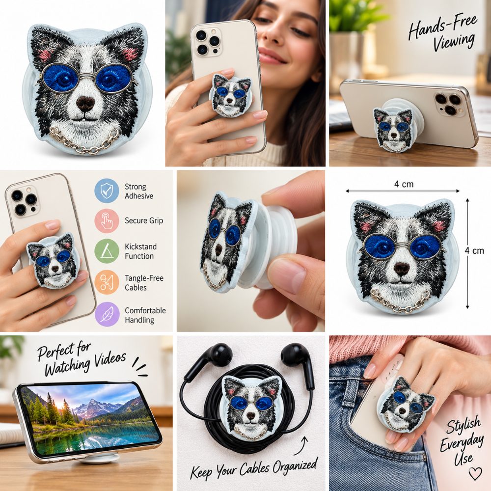 Trendy Blue-Glasses Dog PopSocket Phone Grip Holder, Cute 3D Animal Design Mobile Stand for Secure Grip, Comfortable Handling and Stylish Everyday Smartphone Use — photo 3
