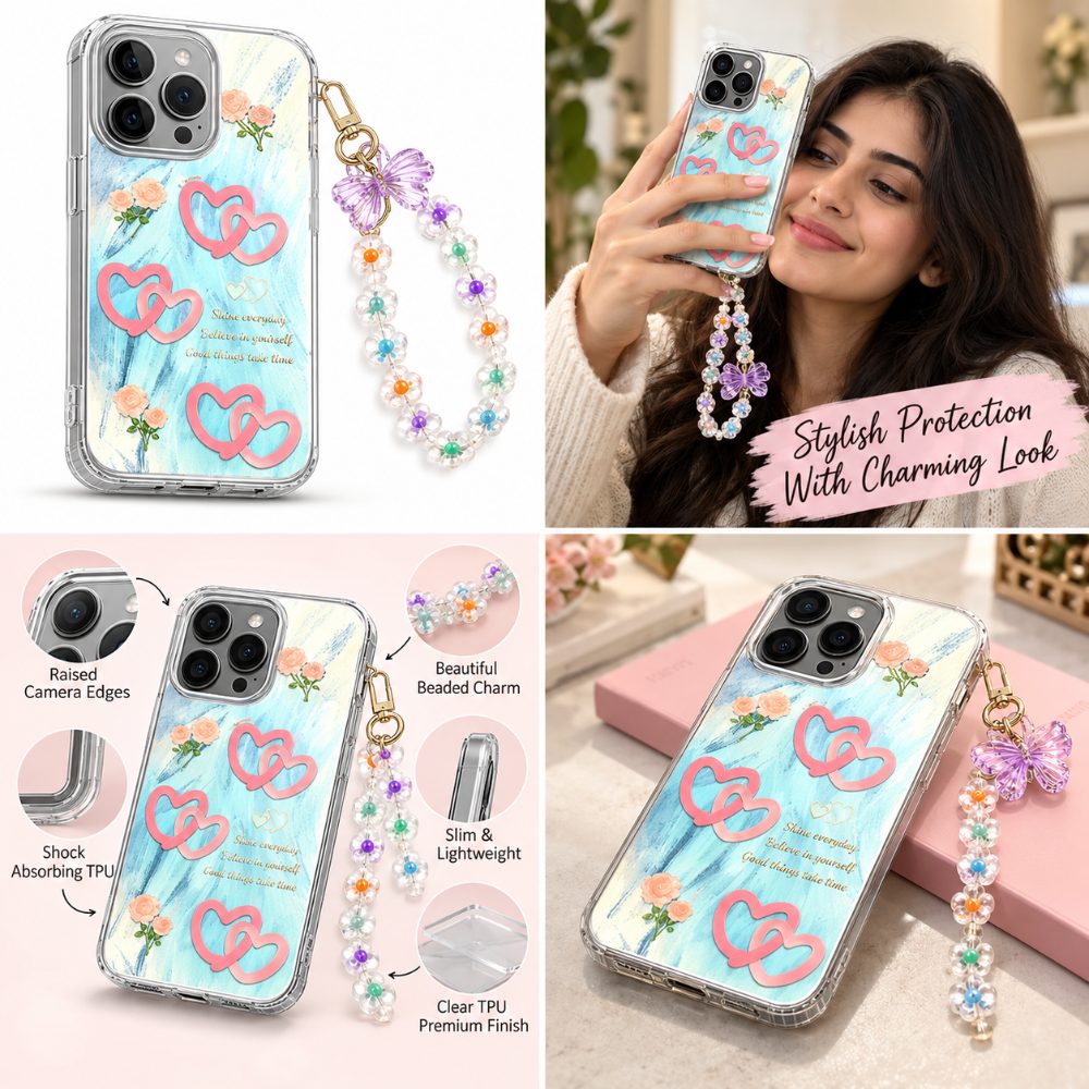 Phone Case for iPhone 15 Pro with Beaded Charm, Slim Transparent Protective Back Cover with Raised Camera Edges and Glossy Finish — photo 4