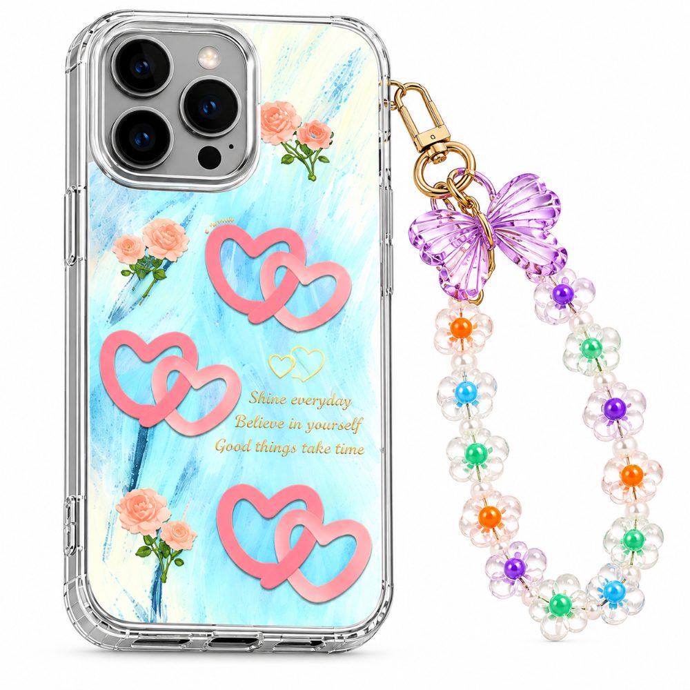 Phone Case for iPhone 15 Pro with Beaded Charm, Slim Transparent Protective Back Cover with Raised Camera Edges and Glossy Finish