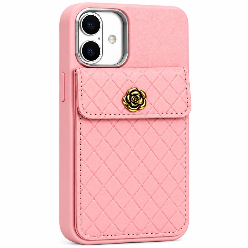 I Phone 15 Pro Back Cover with Quilted Card Pouch, Faux Leather Pocket, Metal Button, Soft Grip Case for Daily Use ( Pink ) — photo 1