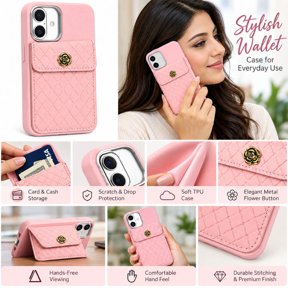 I Phone 15 Pro Back Cover with Quilted Card Pouch, Faux Leather Pocket, Metal Button, Soft Grip Case for Daily Use ( Pink ) — photo 3