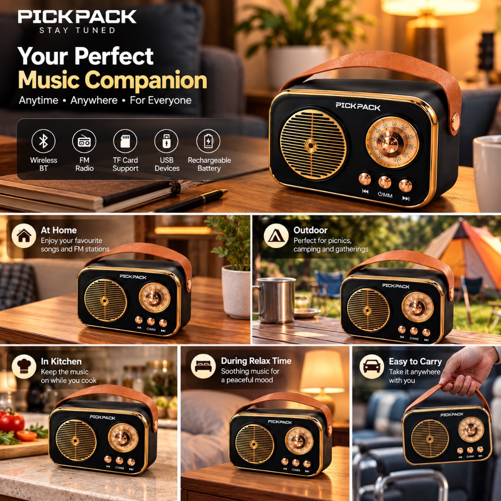Pre-Owned Pickpack PP-BT1193 Retro Radio Bluetooth Speaker with FM Radio, TF Card, USB & Rechargeable Battery — photo 3
