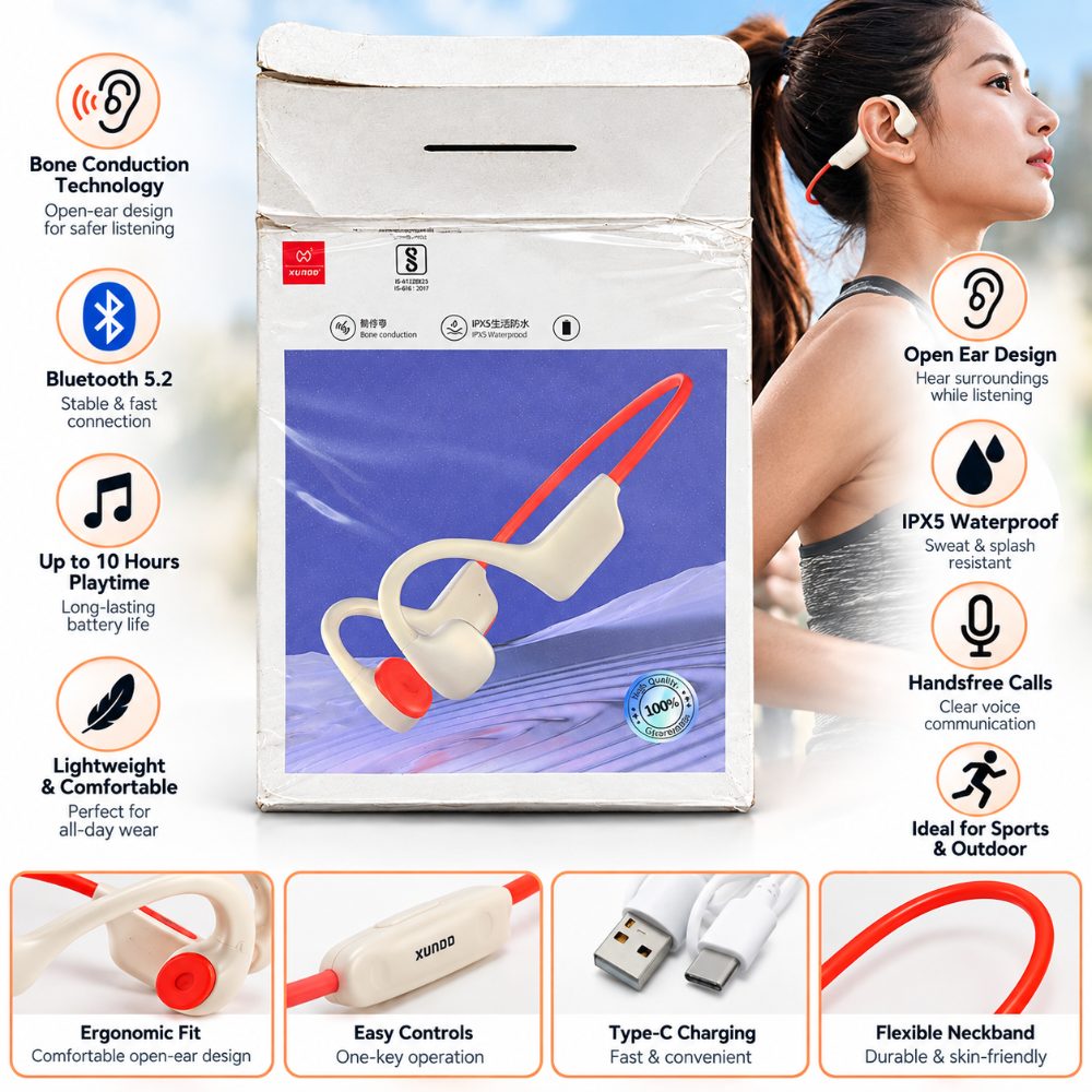 Bone Conduction Bluetooth Neckband Headphones with Open Ear Design, Wireless Sports Earphones, IPX5 Water Resistant, Handsfree Calling