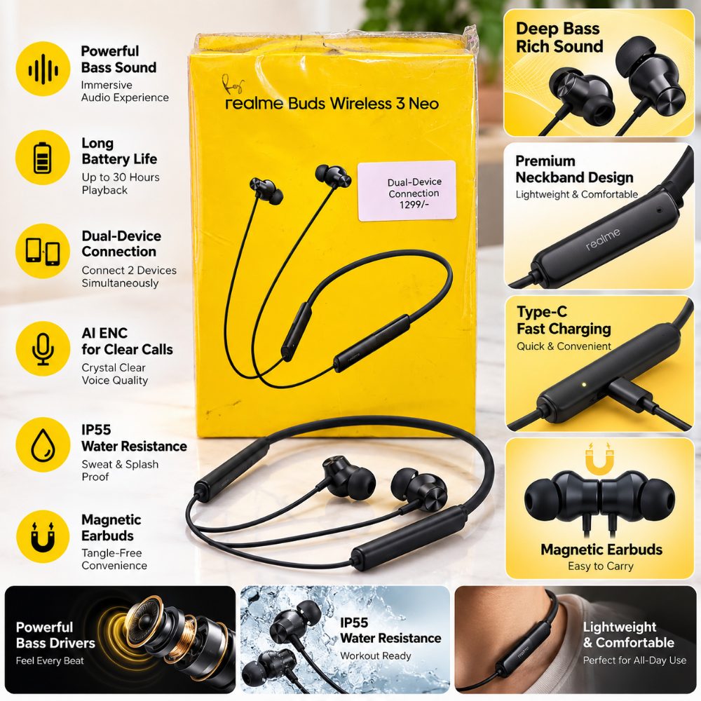 Realme Buds Wireless 3 Neo Bluetooth Neckband Earphones with Dual Device Connection, Deep Bass, Long Battery Life & Fast Charging – Pre-Owned — photo 2