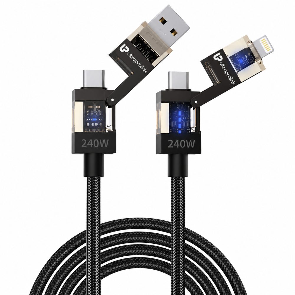 240W 4-in-1 Fast Charging Cable with USB-A, Type-C & Lightning Connectors | 480Mbps Data Transfer | E-Marker Chip | Nylon Braided Cable
