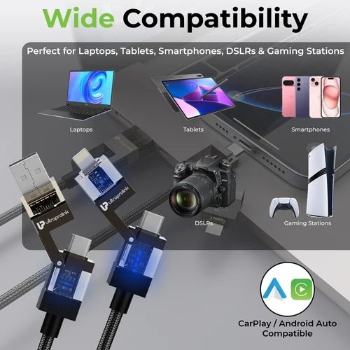 240W 4-in-1 Fast Charging Cable with USB-A, Type-C & Lightning Connectors | 480Mbps Data Transfer | E-Marker Chip | Nylon Braided Cable — photo 2