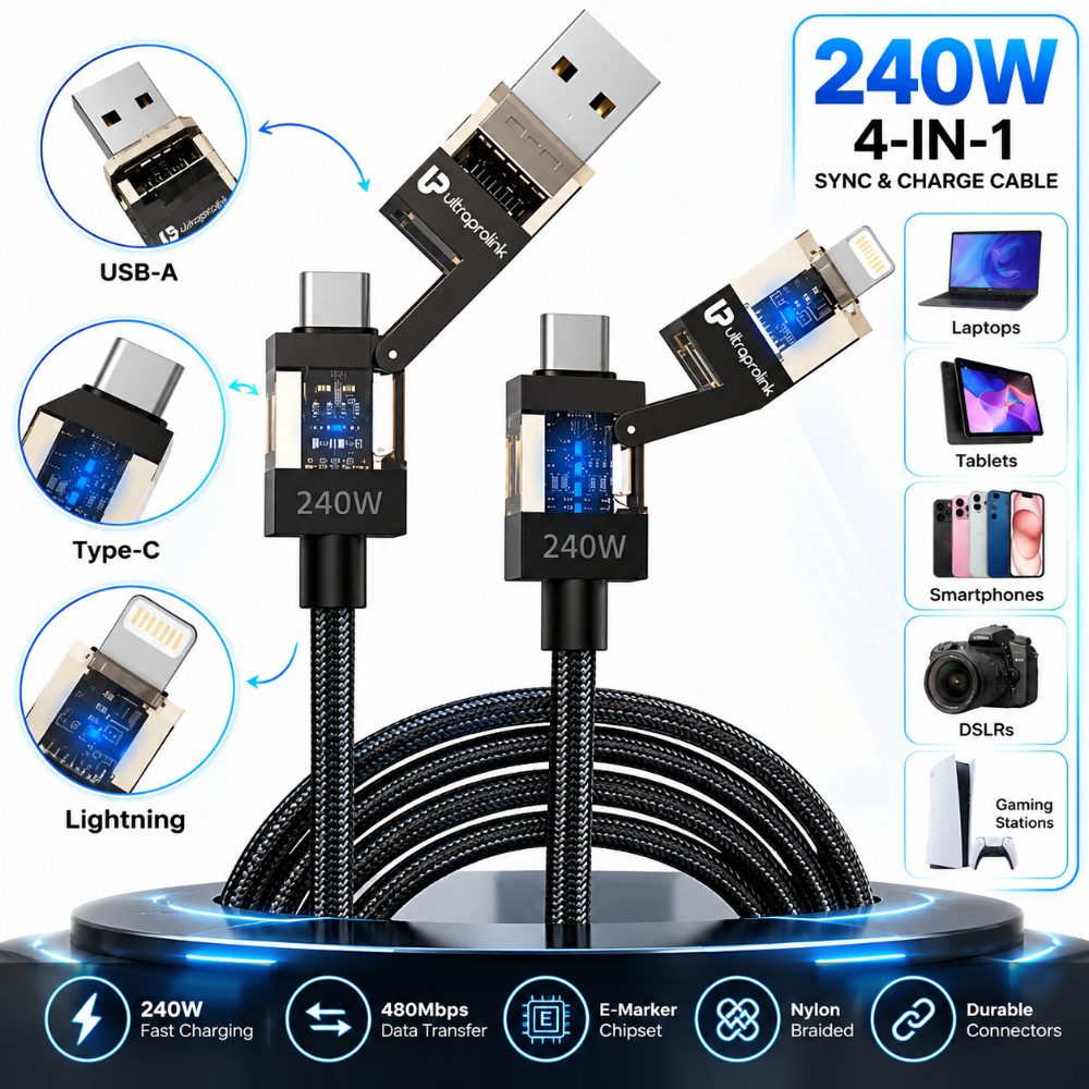240W 4-in-1 Fast Charging Cable with USB-A, Type-C & Lightning Connectors | 480Mbps Data Transfer | E-Marker Chip | Nylon Braided Cable — photo 3