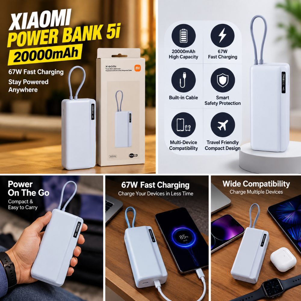 Xiaomi Power Bank 5i 20000mAh 67W Turbo Charging PD 3.0 & PPS|in-Built Cable|12 Layer Protection|Digital Display|Triple Output Ports|Supports Laptop, Tablet, Phone, Earbud (Ice Blue)- 2026 New Launch — photo 2