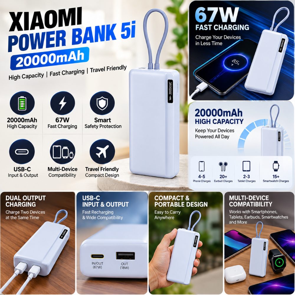 Xiaomi Power Bank 5i 20000mAh 67W Turbo Charging PD 3.0 & PPS|in-Built Cable|12 Layer Protection|Digital Display|Triple Output Ports|Supports Laptop, Tablet, Phone, Earbud (Ice Blue)- 2026 New Launch — photo 4