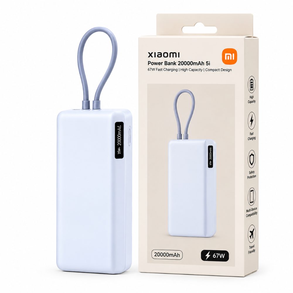 Xiaomi Power Bank 5i 20000mAh 67W Turbo Charging PD 3.0 & PPS|in-Built Cable|12 Layer Protection|Digital Display|Triple Output Ports|Supports Laptop, Tablet, Phone, Earbud (Ice Blue)- 2026 New Launch — photo 1