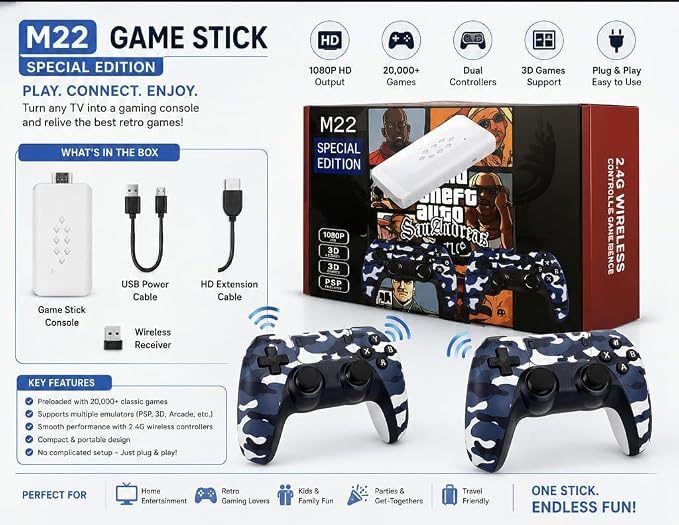 M22 Game Stick Pre-Owned 1080P HD Gaming Console with 20000+ Games, Dual 2.4G Wireless Controllers, 3D Support, HDMI Plug and Play Retro Game Console — photo 4