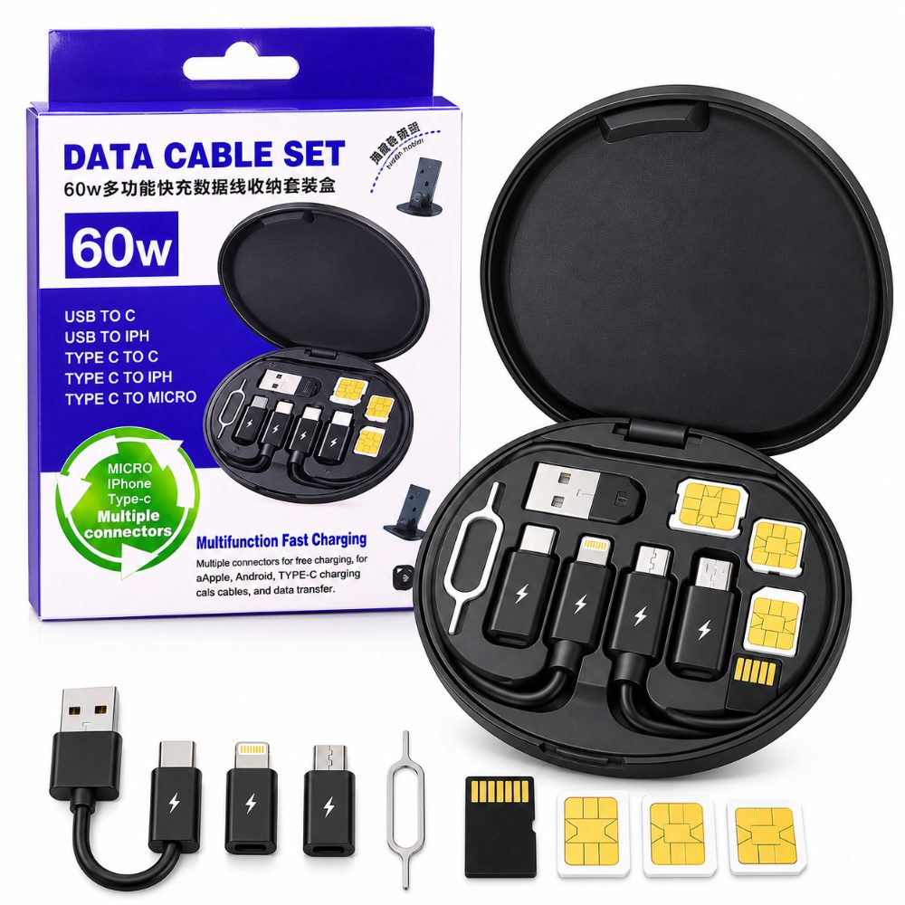 60W Multifunctional Data Cable Set with Multiple Charging Connectors, SIM Card Holder and Memory Card Storage Case — photo 1