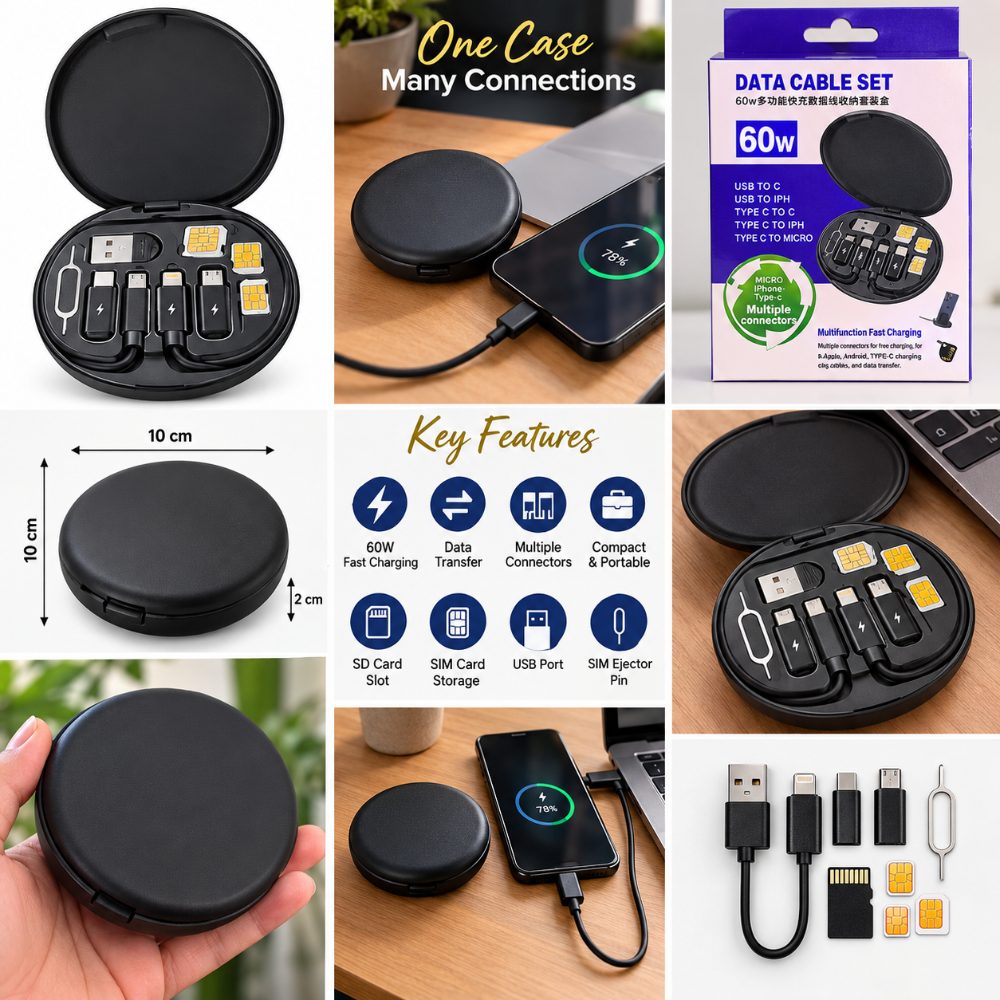 60W Multifunctional Data Cable Set with Multiple Charging Connectors, SIM Card Holder and Memory Card Storage Case — photo 3