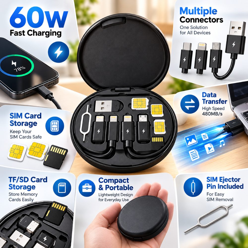 60W Multifunctional Data Cable Set with Multiple Charging Connectors, SIM Card Holder and Memory Card Storage Case — photo 2