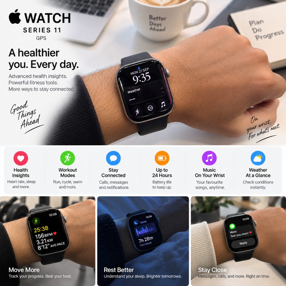 Apple Watch Series 11 GPS Pre-Owned Smartwatch with Black Sport Band, Advanced Health Tracking, Fitness Monitoring, Notifications & Premium Display — photo 2
