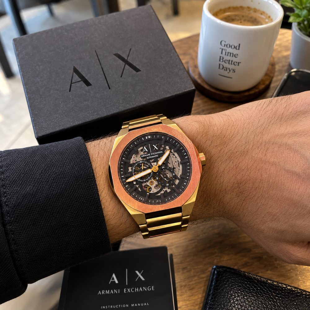 Armani Exchange Gold Automatic Analog Watch for Men with Skeleton Dial Stainless Steel Strap — photo 3