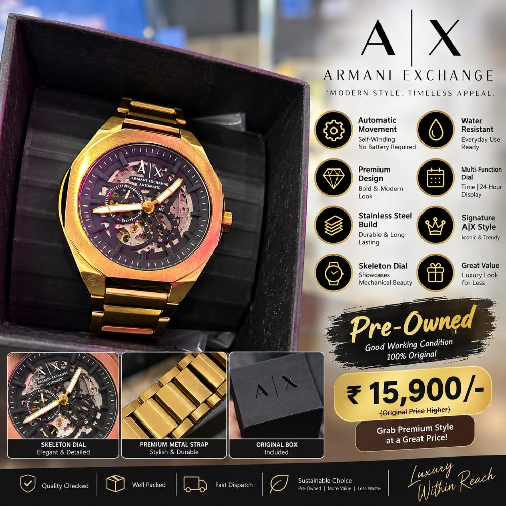 Armani Exchange Gold Automatic Analog Watch for Men with Skeleton Dial Stainless Steel Strap — photo 4