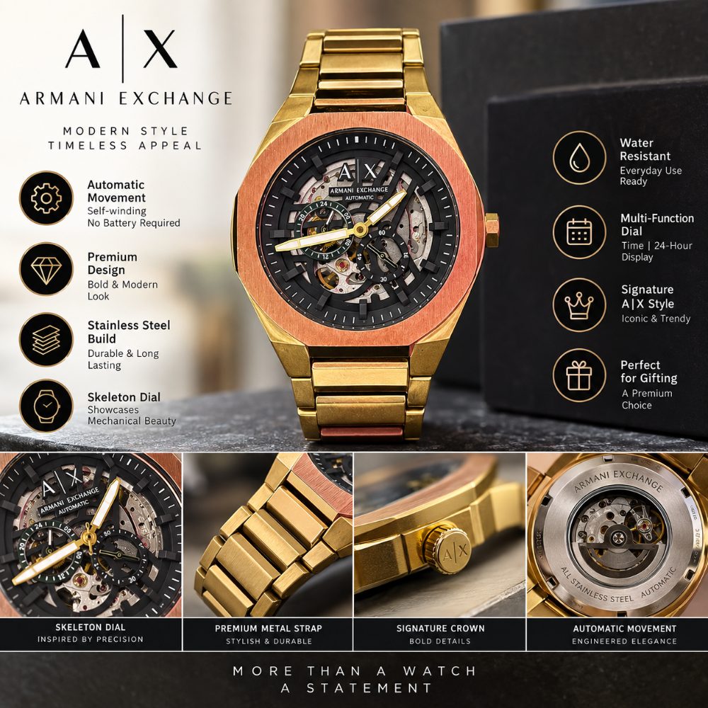 Armani Exchange Gold Automatic Analog Watch for Men with Skeleton Dial Stainless Steel Strap — photo 2