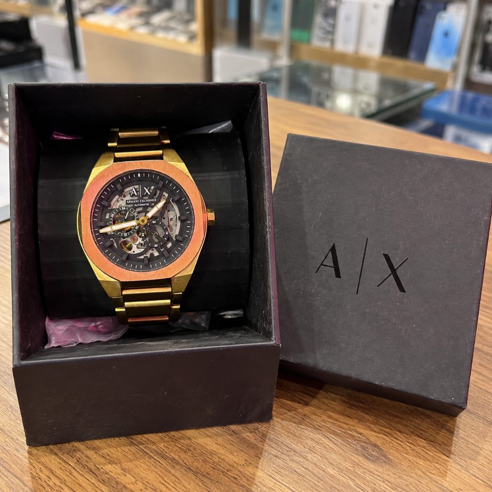 Armani Exchange Gold Automatic Analog Watch for Men with Skeleton Dial Stainless Steel Strap