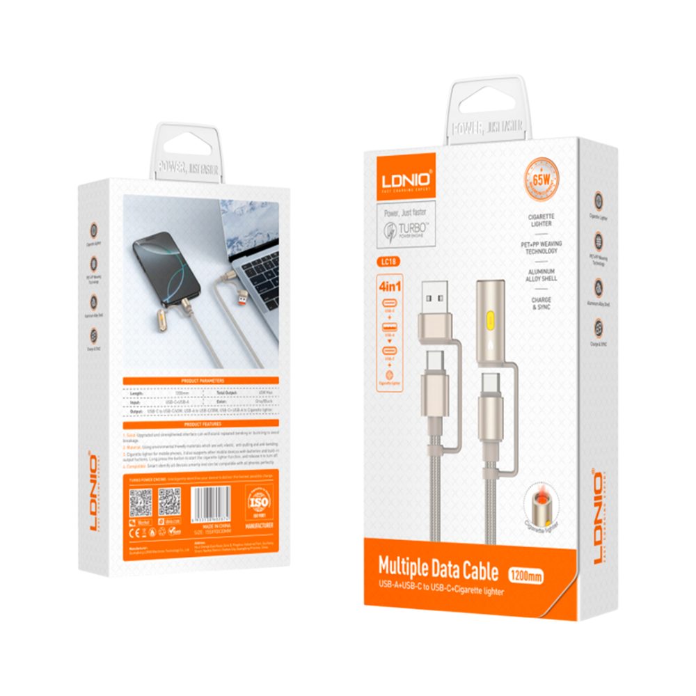 4 in 1 Fast Charging Data Cable with USB A USB C Lightning and Cigarette Lighter 1.2 Meter Braided Cable — photo 1