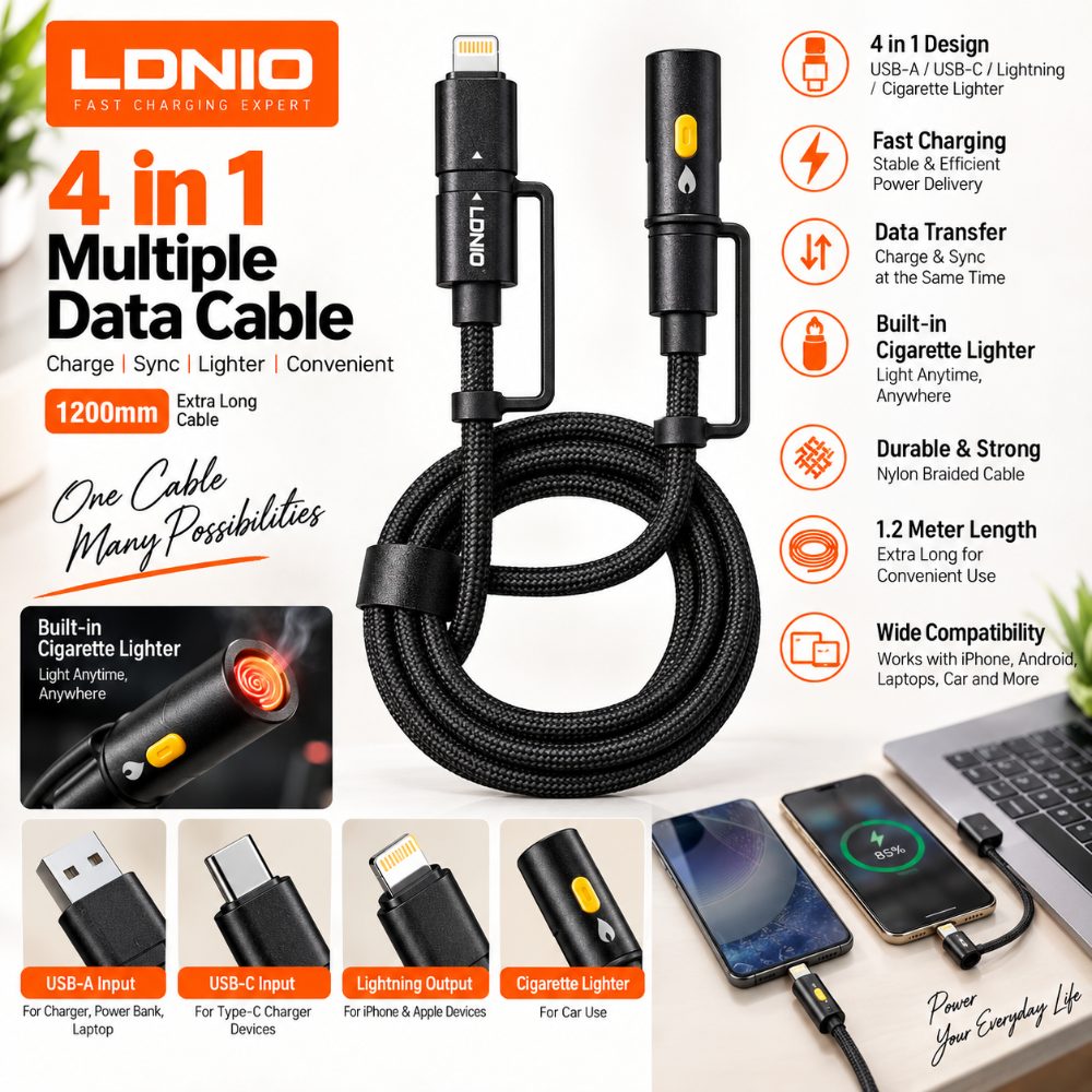 4 in 1 Fast Charging Data Cable with USB A USB C Lightning and Cigarette Lighter 1.2 Meter Braided Cable — photo 2